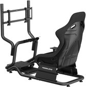 Zwart racesimulator frame met verstelbare kuipstoel en monitorhouder, zonder wiel of pedalen.