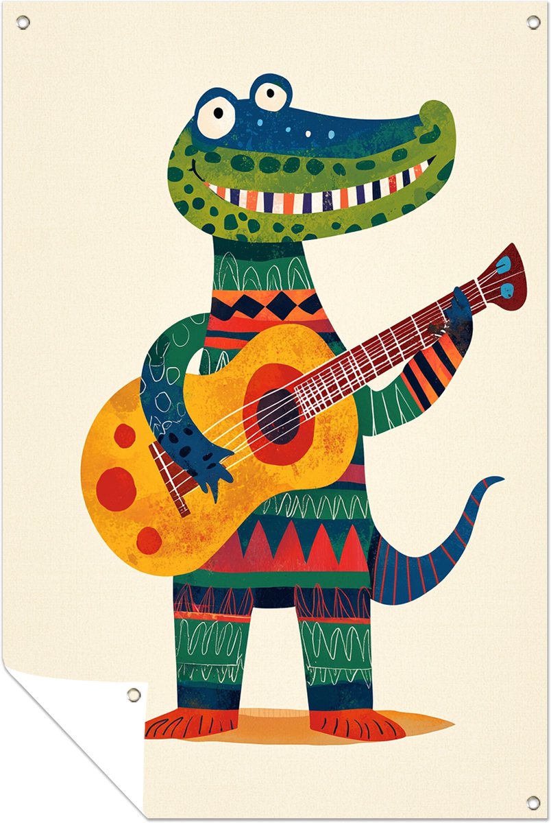Krokodil met gitaar – wanddecoratie buiten – Tuinposter – 100x150 cm