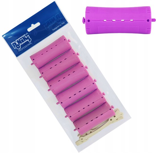 Pakket paarse permanentrollers en een beige staartkam, naast een model met rode krullen.