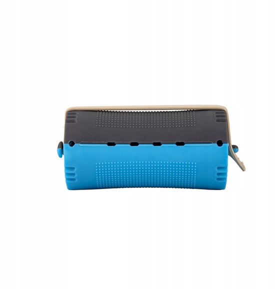 Een Poniks blauwe en grijze haarroller met kliksluiting.