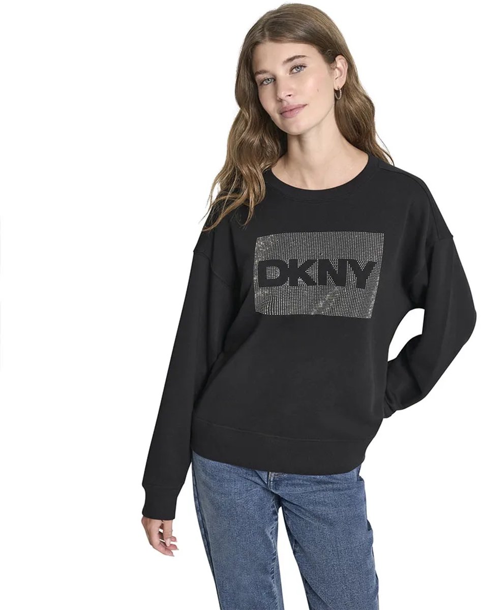 Dkny Rhinestone Logo Boxy Fit Sweatshirt Zwart S Vrouw
