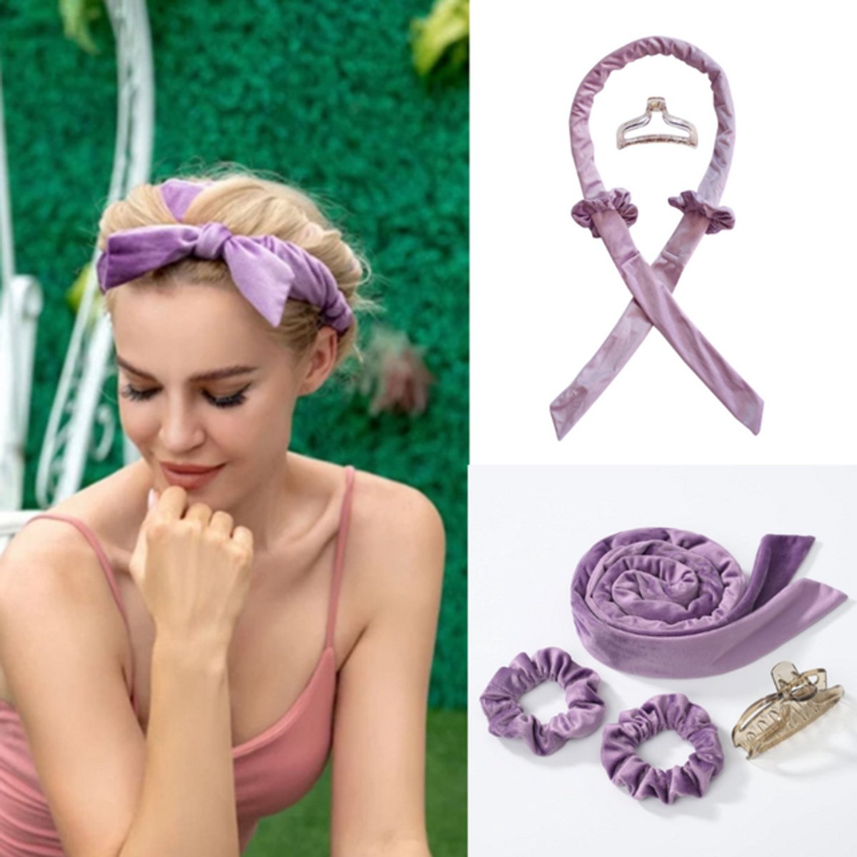 4-delige hittevrije krulset - Heatless Curls - Haarrollers - Krultang - Met haarelastiekjes en clips - Flanel - Paars
