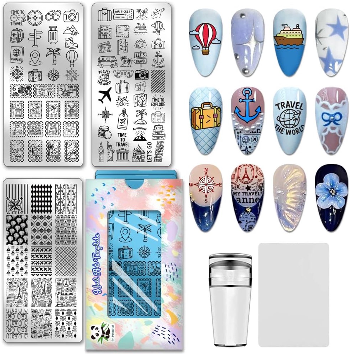 3pcs Travel Elements Nail Stamping Plates - Postmark Nail Art Stencils - Compass Camera Nails Art Templates - Adventure Travel Nails Design Stamp voor Vrouwen Manicures Salon DIY