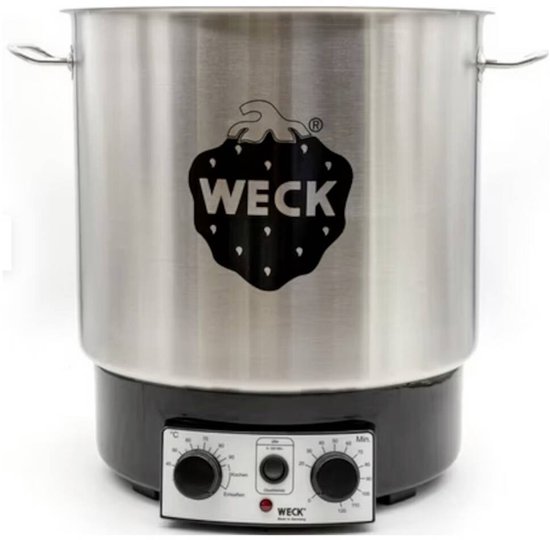 Zilverkleurige Weck inmaakketel met zwart bedieningspaneel.