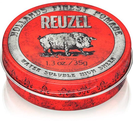 Rood Reuzel pomadeblik met "HOLLANDS FINEST POMADE REUZEL" en een varken erop.