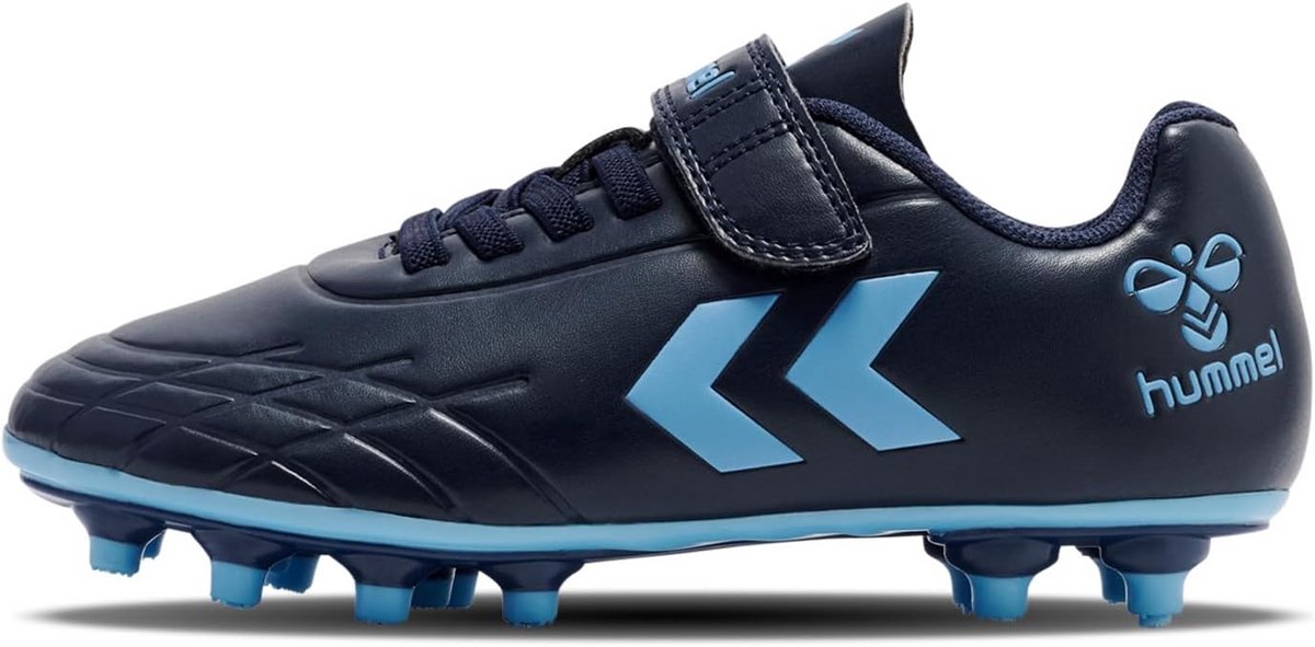 Uniseks voetbalschoen met donkerblauwe PU-bovenkant, elastische veters en klittenbandsluiting voor stevige ondergronden.