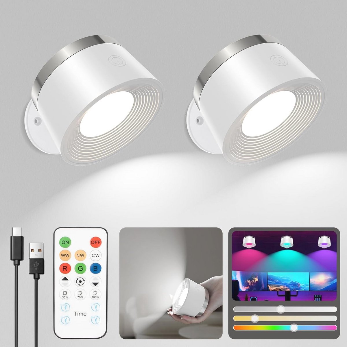 Draadloze RGB LED-wandlamp met afstandsbediening - 2 stuks, 360° draaibaar, oplaadbare, voor woonkamer en slaapkamer