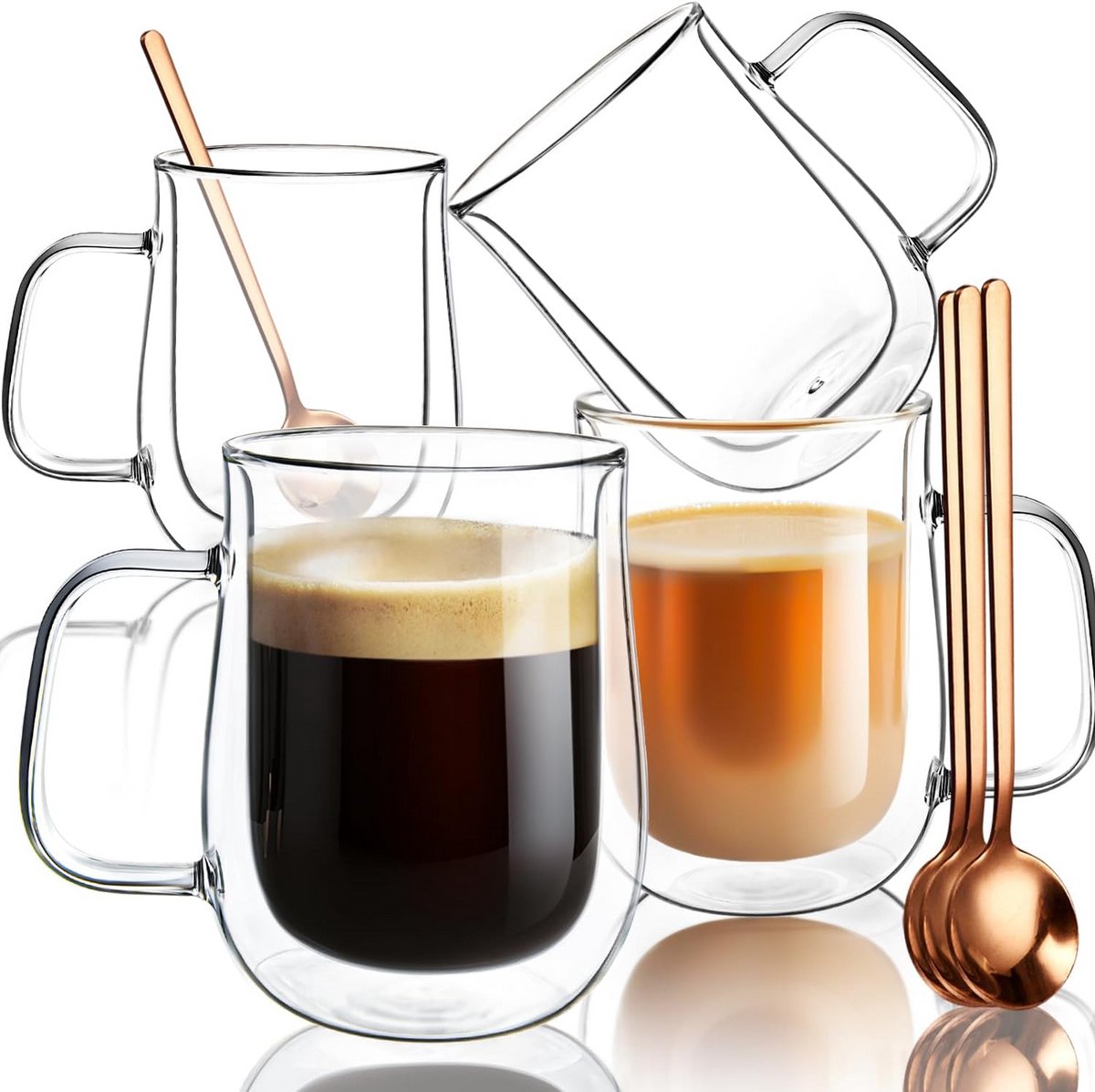 Set van 4 Dubbelwandige Glazen Koffiemokken met Lepels, 475 ml