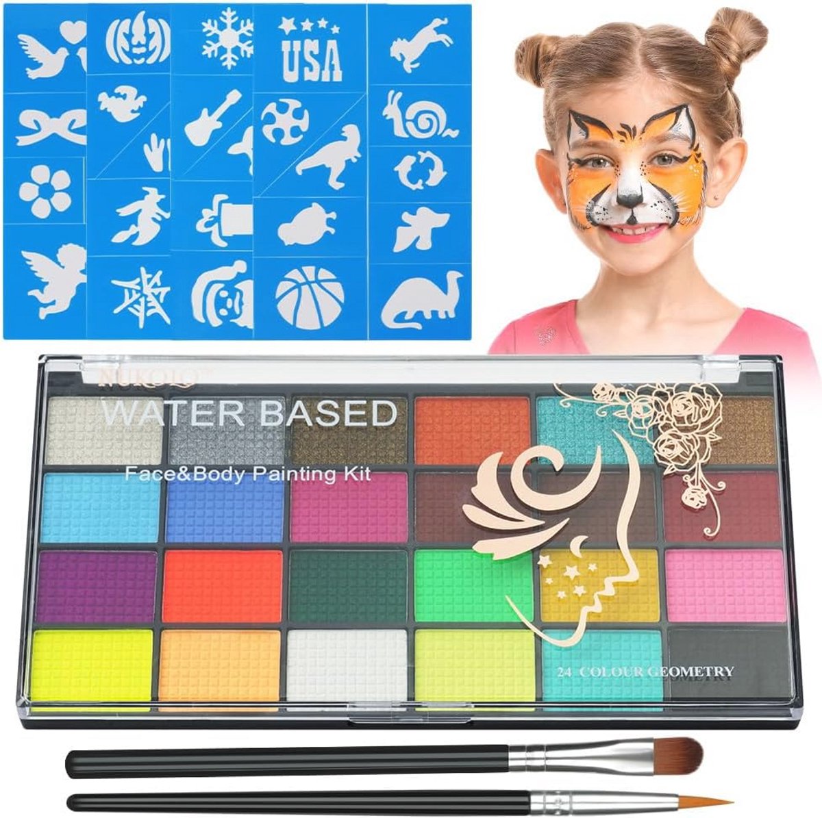 Gezichtschilderkit met 24 Kleuren en 40 Sjablonen - Wasbare, Veilige Makeup voor Halloween en Feestjes