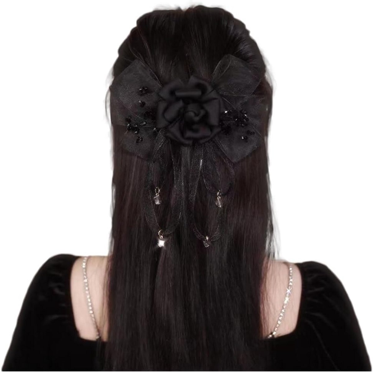 Chique Zwarte Haarstrik met Roze Bloem en Glitter - Feestelijk Haaraccessoire