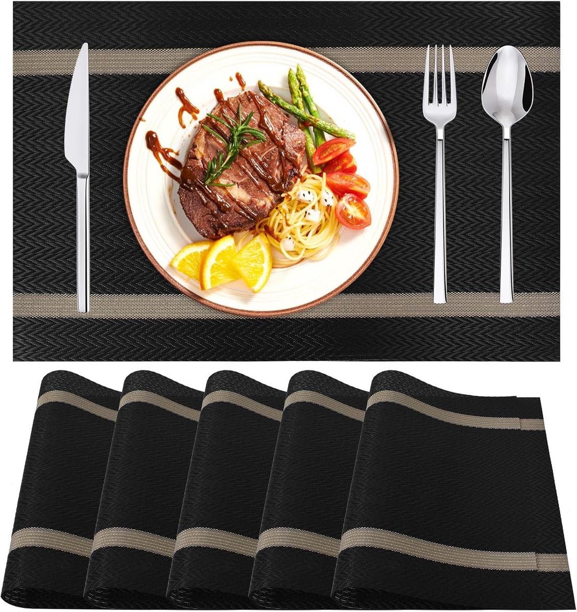 Set van 6 Dubbelzijdige Placemats PVC Imitatielinnen Antislip 30x45 cm