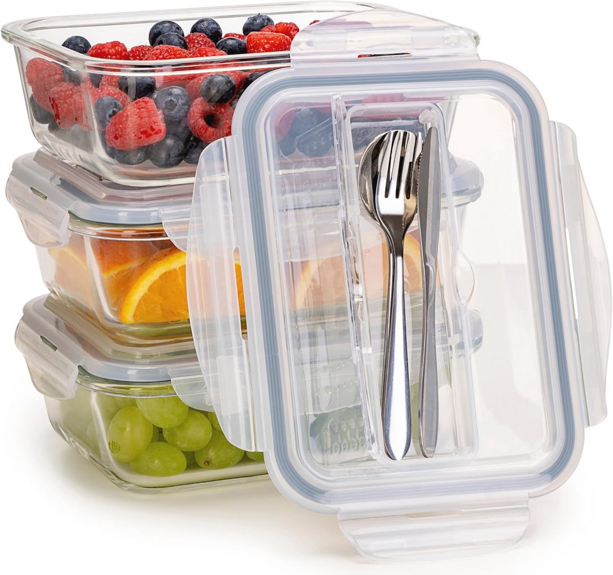 Glazen Maaltijd Prep Containers - Set van 3 - Vaatwasmachinebestendig, Magnetron- en Ovenbestendig - 1050 ml - Lekvrij en Duurzaam