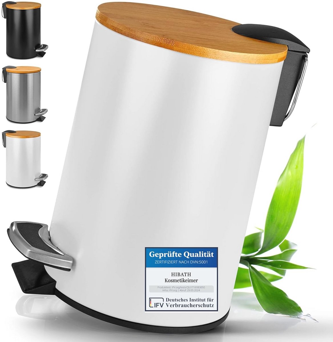 Witte Afvalemmer met Bamboe Deksel en Automatisch Sluitmechanisme voor Badkamer | 3 Liter