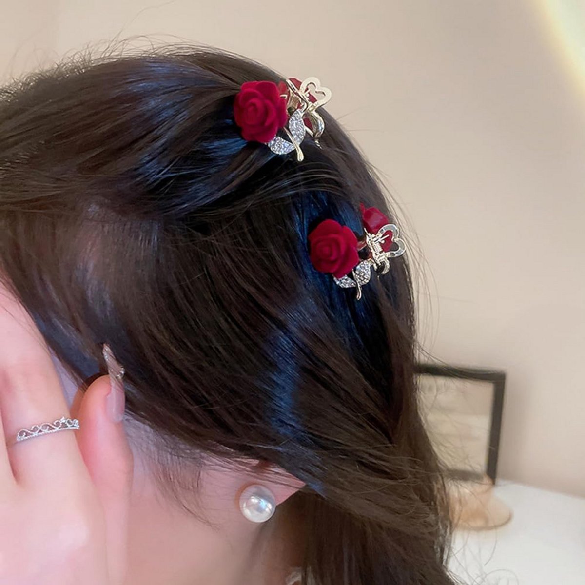 2 Stuks Mini Roos Bloem Haarclips Goud Glitter Strass Klem voor Dames en Meisjes