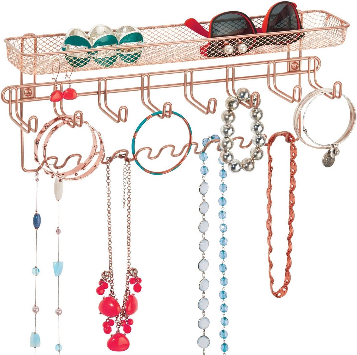 mDesign - Jewellery organiser - jewellery rack/storage space for jewellery - wall model/with 19 hooks and storage basket/strong metal - rose gold — cadeau in Sieraden - foto 4