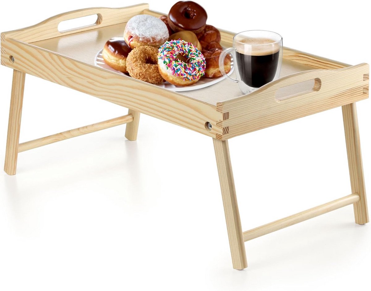 Houten Bedtafel met Opvouwbare Poten - Serveerblad en Ontbijtblad
