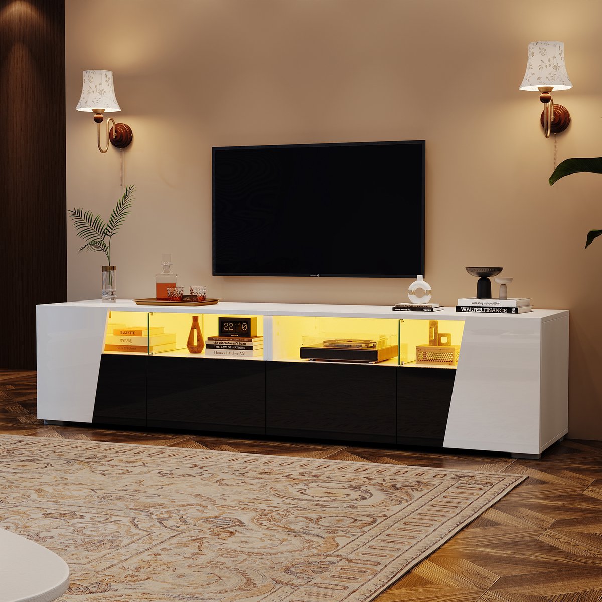 OKWISH TV-meubel – 2 deuren/2 lades – Met LED (Bluetooth-app) – Modern contrast opbergruim