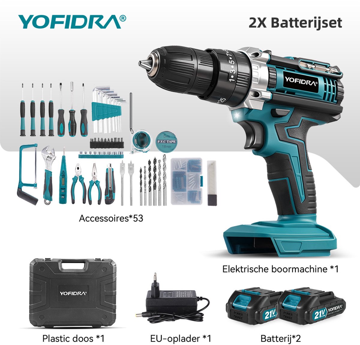 Yofidra Accuboormachine - 60Nm Accuboorschroefset - met 2x accu's & 53x Accessoires - 21V Boormachine - 25+3 Standen - 2 Snelheden - Gereedschapskit - voor Thuis & Klussen – foto 4