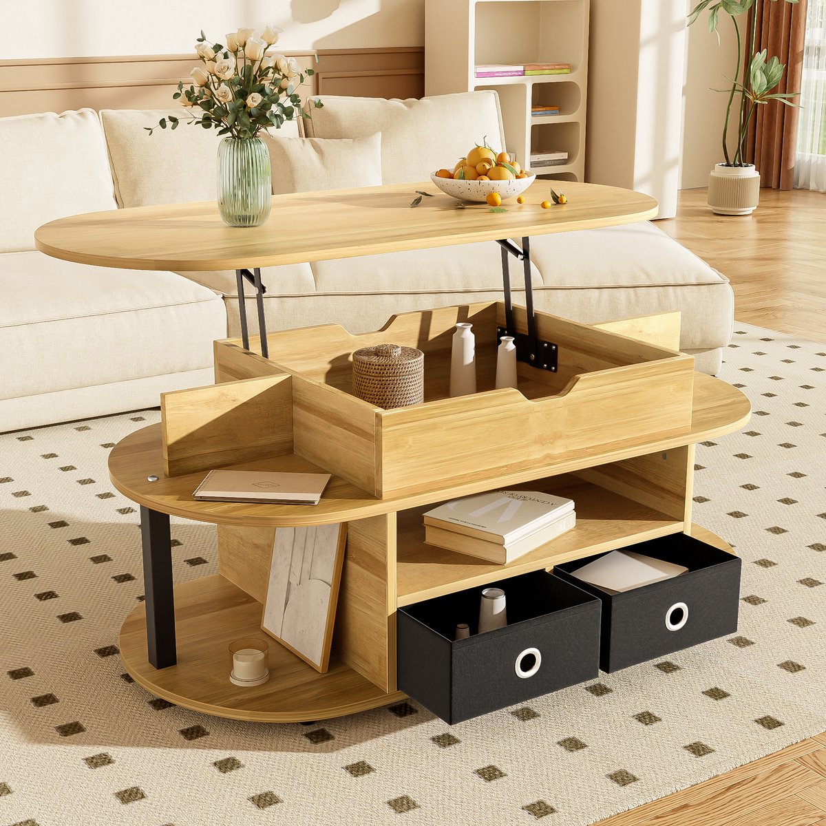 Zubaliya Een moderne salontafel met houtfineer, liftmechanisme, opbergruimte en zwarte stoffen lades – multifunctioneel, stijlvol en praktisch, geschikt voor woonkamers en kantoren. Houtkleur + zwart