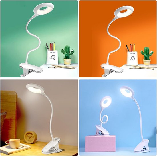 Leeslamp Boekenklem-1 Stuk - LED Studie Clip Lamp - Oplaadbare Opvouwbare Boekenhouders En Bedlamp - Wit - 3 Lichtkleuren Dimbaar - 1200mAh van Merkloos — afbeelding 4