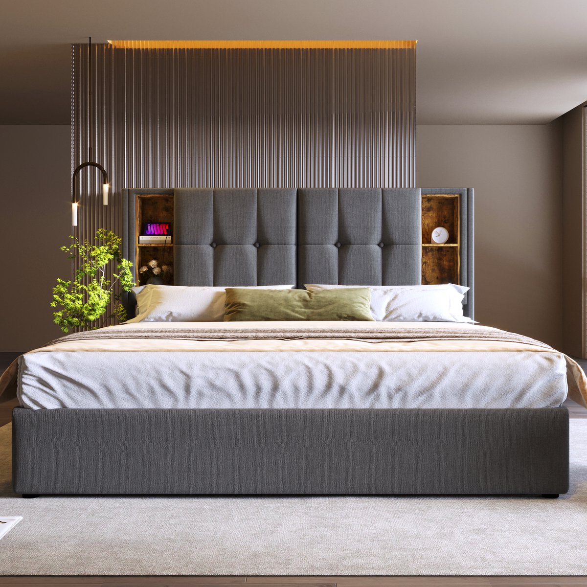 Merax Gestoffeerd bed 140x200 cm met draadloos opladen USB-C - met opbergruimte - houten lattenbodem - grijs - zonder matras