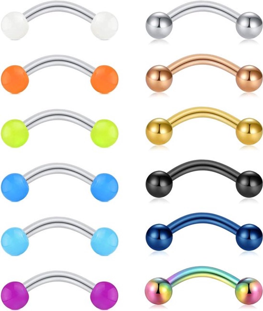 Wenkbrauwpiercing set van 6-12 stuks, chirurgisch staal, rookkleurig, 8 mm, 16 g - geschikt voor helix, daith en meer