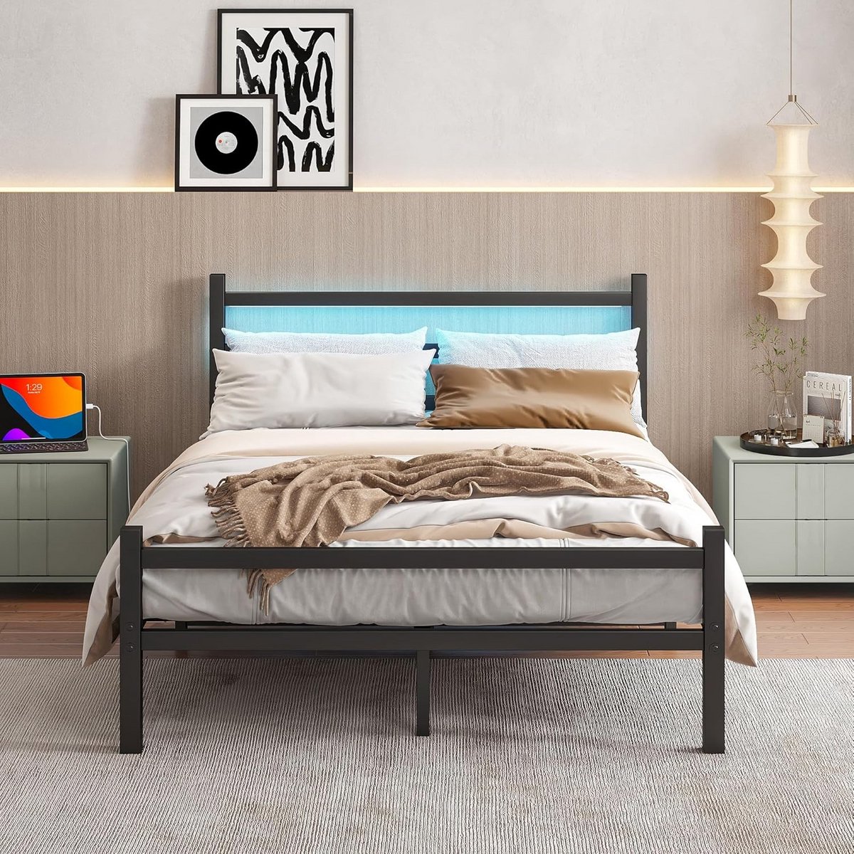 Tweepersoons Metalen Bedframe met Hoofdeinde, LED-verlichting en USB Oplaadpunt