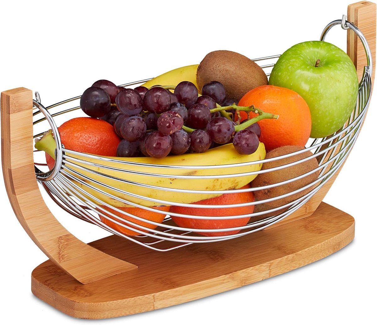 Famanu – Fruithangmat bamboe & rvs 18,5 x 38 x 23 cm – decoratieve fruitmand