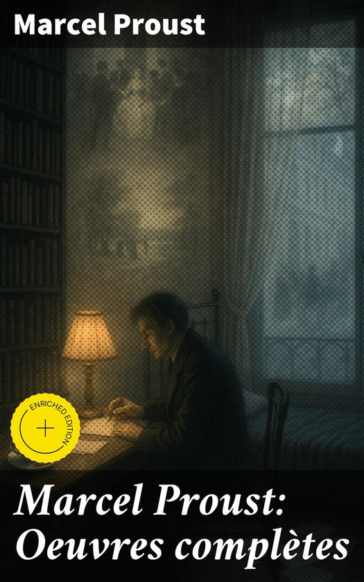 Livre titré Marcel Proust : Œuvres complètes. Un homme est assis à un bureau écrivant, éclairé par une lampe. Une bibliothèque et une fenêtre en arrière-plan.