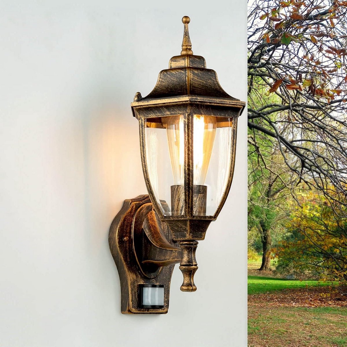 Aluminium Buitenlamp met Bewegingsmelder - IP44 Zwart Koper Wandlamp voor Huis en Tuin