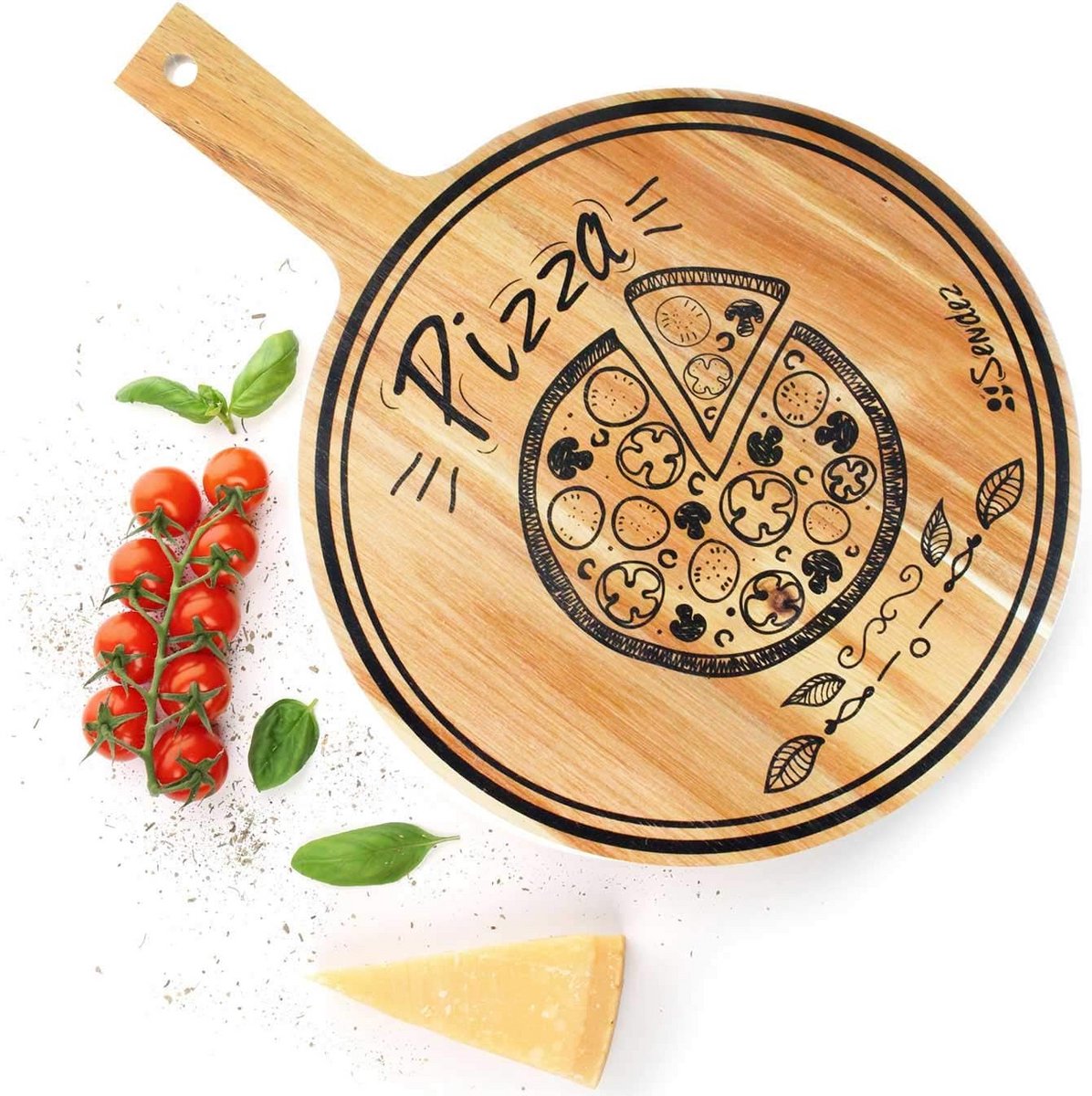 Ronde Houten Serveerplank met Handvat - Ideaal als Pizzaplank, Kaasplank of Vleesplank