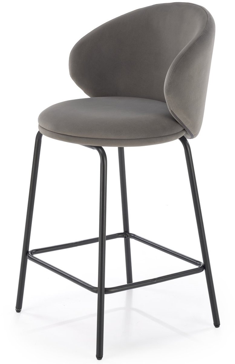 Hoker H121: Stijlvolle Grijze Fluweel Barstoel met Zwart Metalen Frame