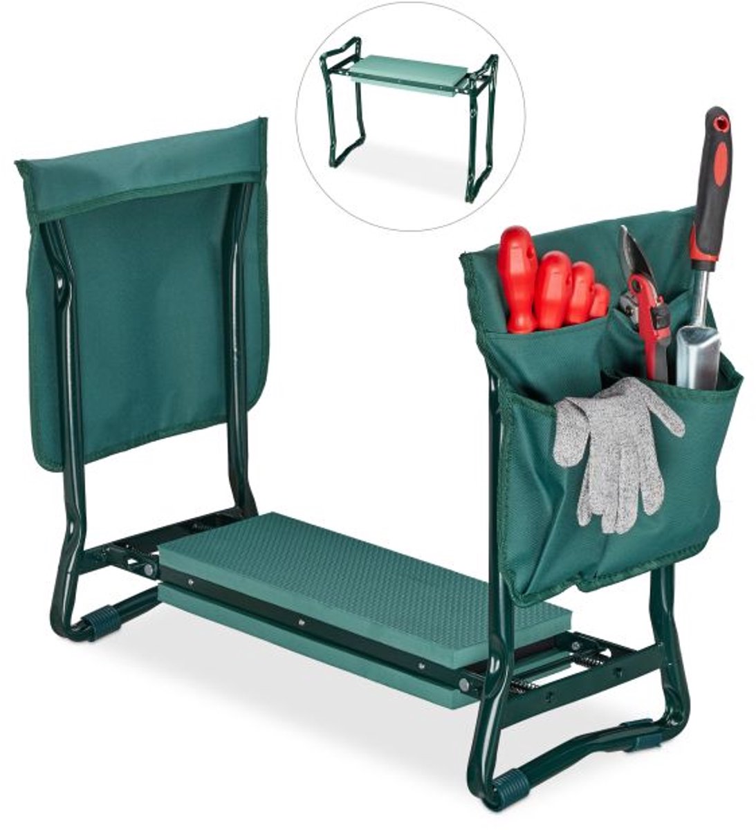 Doodadeals® Kniebank Tuin – 2-in-1 Tuinkruk & Werkbankje – Inklapbaar Kniestuk met Gereedschapszakjes – 50x60x27,5 cm – Groen