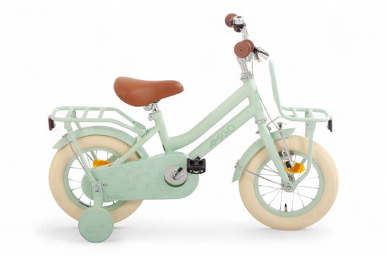 Vélo enfant vert menthe avec selle marron, panier avant et porte-bagages arrière. Avec roulettes.