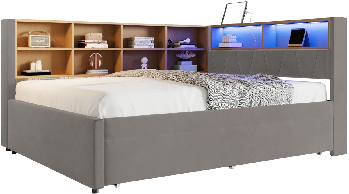 Merax Gestoffeerd Bed 140x200 met Logeerbed 90x190 - Bed met Opbergruimte en LED Verlichti