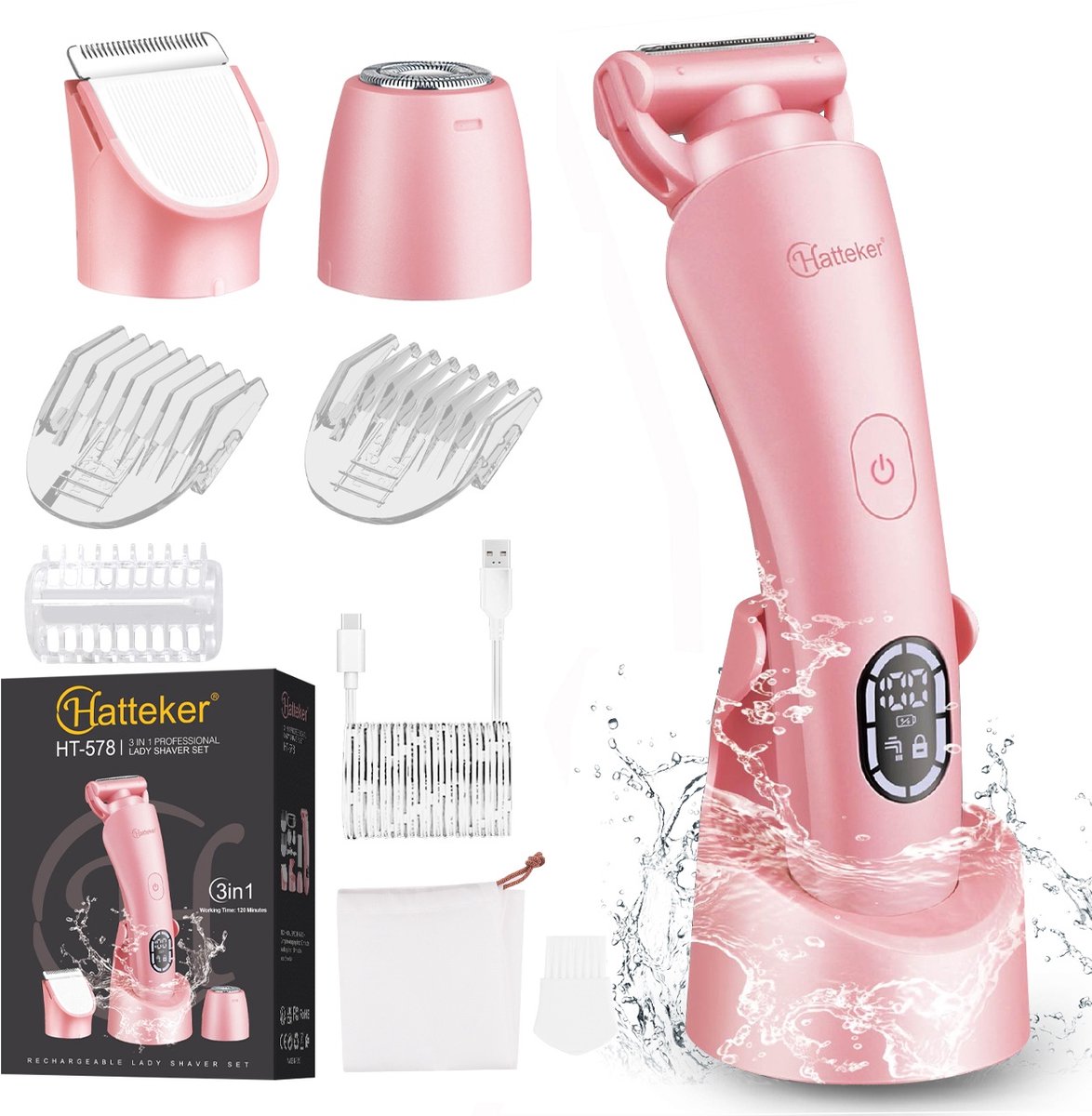 Hatteker 3-in-1 Ladyshave voor Vrouwen – Dames Scheerapparaat – Epileerapparaat – Trimmer voor Benen, Bikinilijn en Oksels – Epilator – Waterdicht IPX7 – Roze