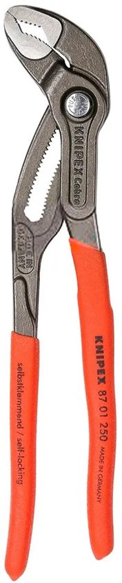 Knipex Cobra waterpomptang met fel oranje handvatten, staand.