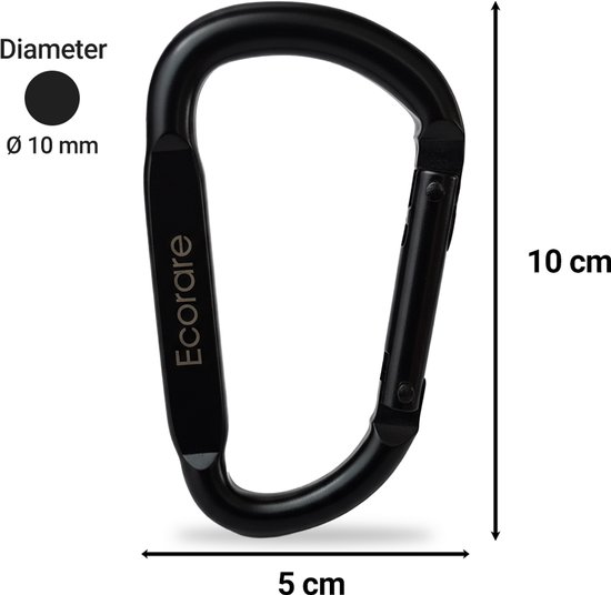 Zwarte Ecorare karabijnhaak, 10 cm hoog en 5 cm breed, met een diameter van 10 mm.