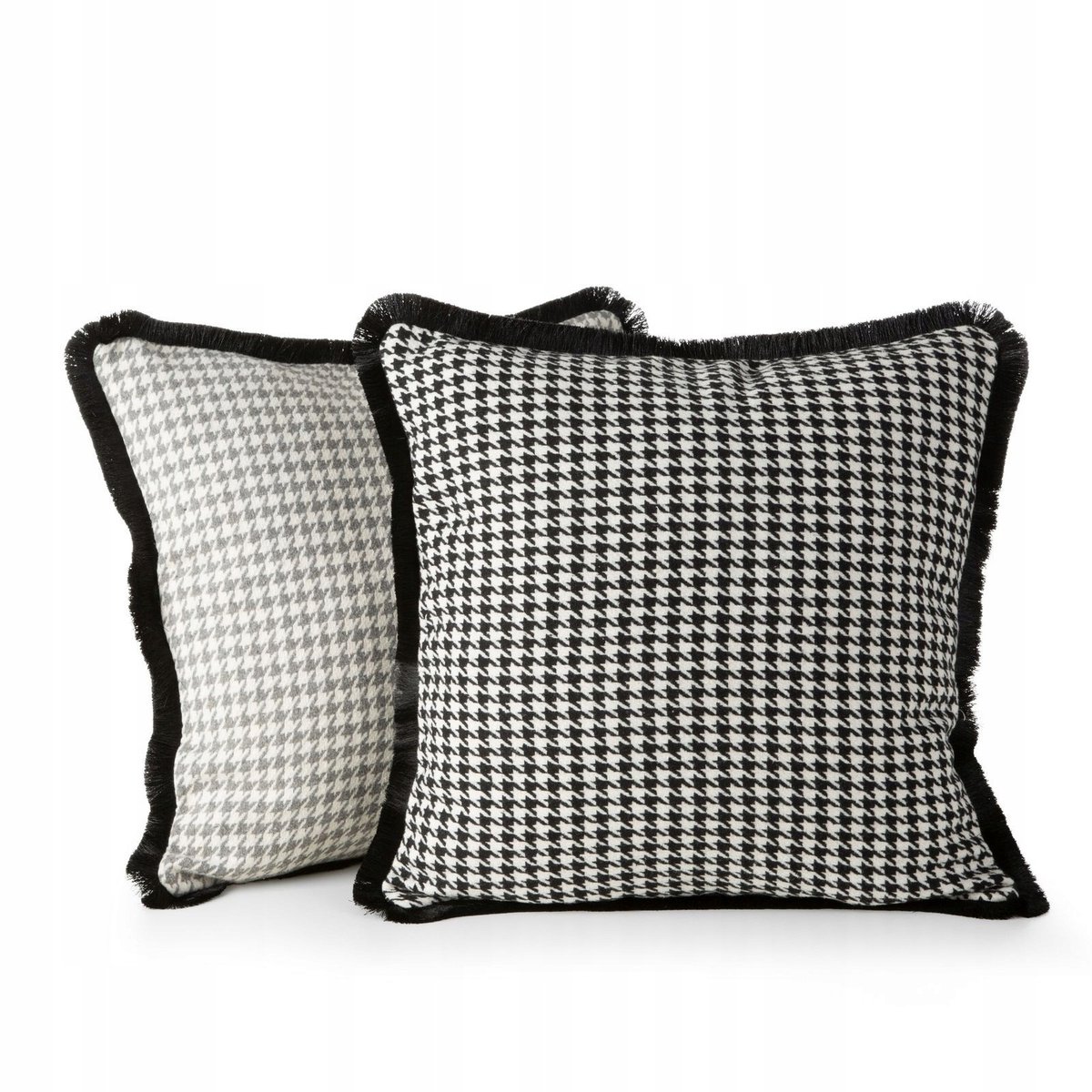 Pepita kussenhoezen 45x45 cm met franjes, zilver/crème