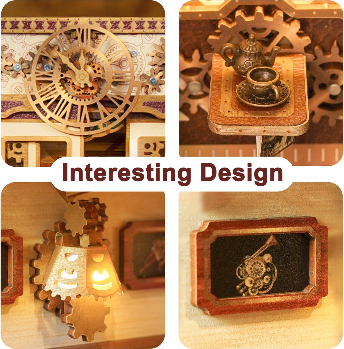 Tonecheer Steam Fantasy Book Nook Bouwpakket - Modelbouw - 15,8 x 22,4 x 22,5 cm - Houten 3D Puzzel - Boekensteun - LED-licht - Bewegingssensor Licht - Boekenhouder — afbeelding 2