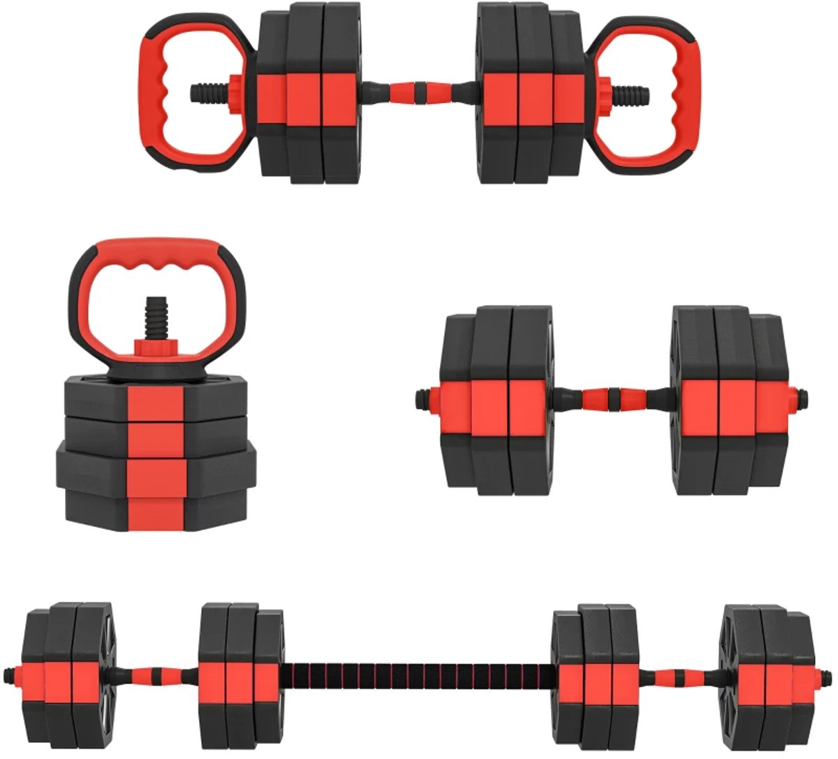 4-in-1 Halterset 20 kg - Verstelbare Dumbbells, Halter & Kettlebell Push-up Handgrepen - Gewichten Set met 12 Schijven: 4 x 2,5 kg, 4 x 2 kg, 4 x 1,5 kg - Thuis Fitness - Thuisgym - Zwart/Rood
