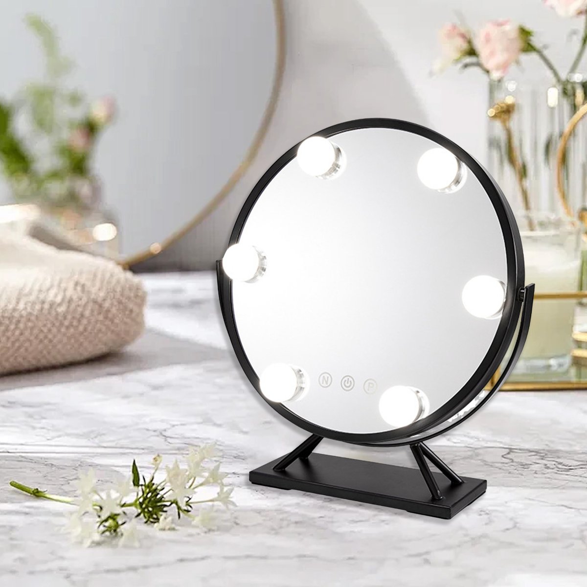 CHIWIN Make-up Spiegel met Verlichting – 6 Dimbare LED, 3 Lichtkleuren, 360° Draaibaar, Touch Bediening, Tafelspiegel – Zwart