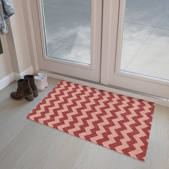 Tapis de porte 90 x 60 cm - Motif zigzag - Rayures - Rouge - Tapis d'intérieur - Tapis de nettoyage - Paillassons imprimé - Tapis d'entrée