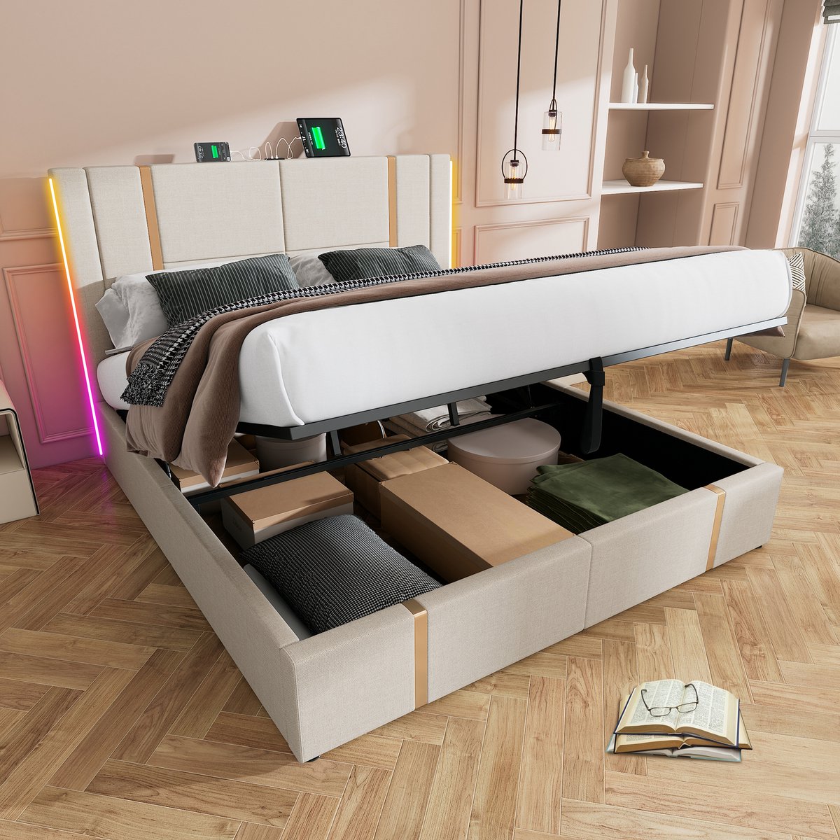 OKWISH Gestoffeerd Bed Tweepersoonsbedden - 140x200 cm - Bed Met Opbergruimte - Hydraulisch Opbergbed Met LED - USB Type C Oplaadfunctie In Hoofdbord - Linnenmateriaal - Beige