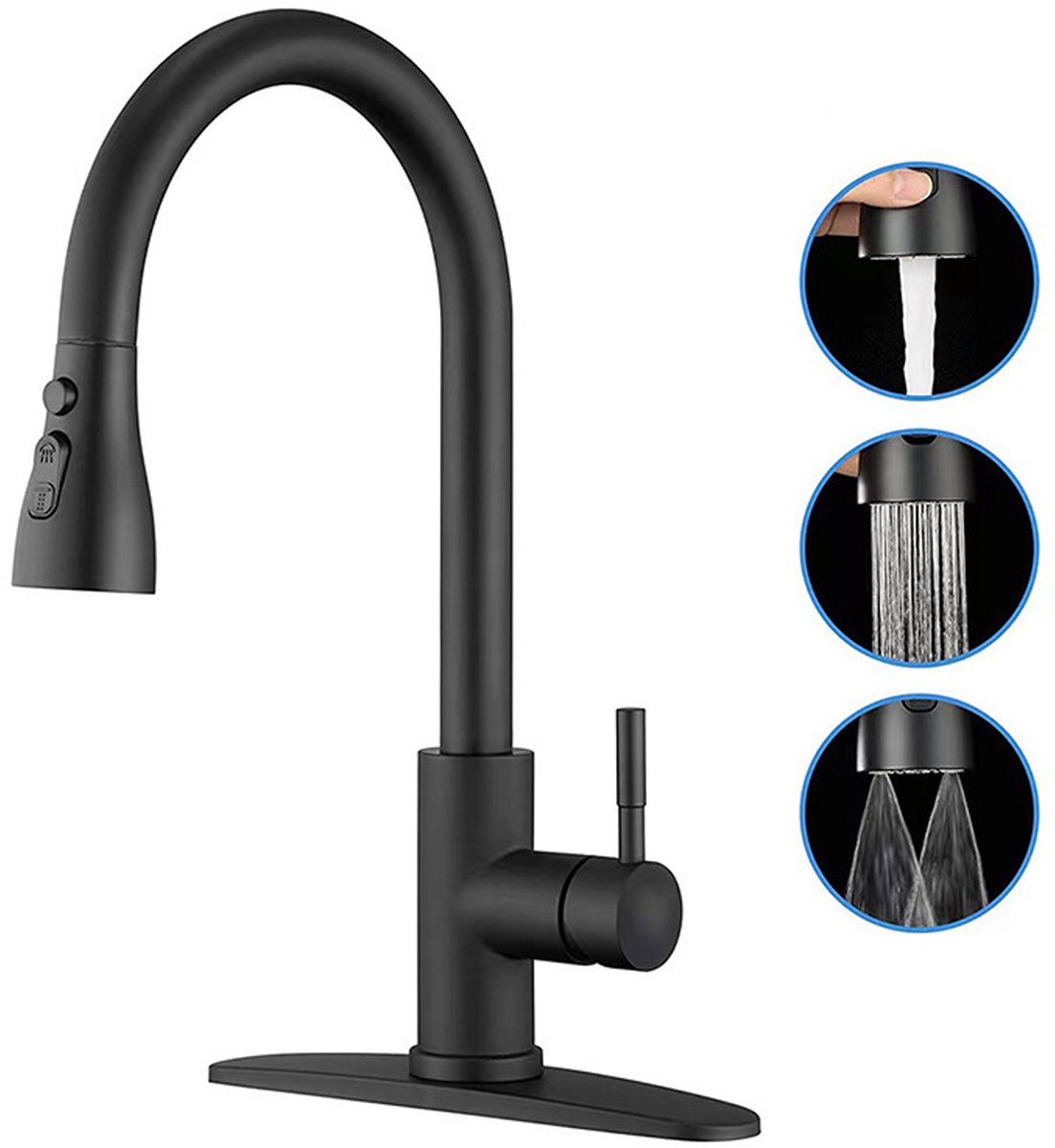 Zwarte Keukenmengkraan met Uittrekbare Handdouche – 3 Spuitstanden, 360° Draaibare Hoge Boog Kraan van RVS 304, Eenvoudige Installatie, Waterbesparend Design - ANMI