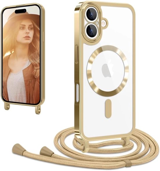 Étui Casemania pour Apple 17 - Or - Coque arrière en Siliconen avec cordon - Compatible MagSafe - Étui avec cordon - Étui bandoulière avec iPhone