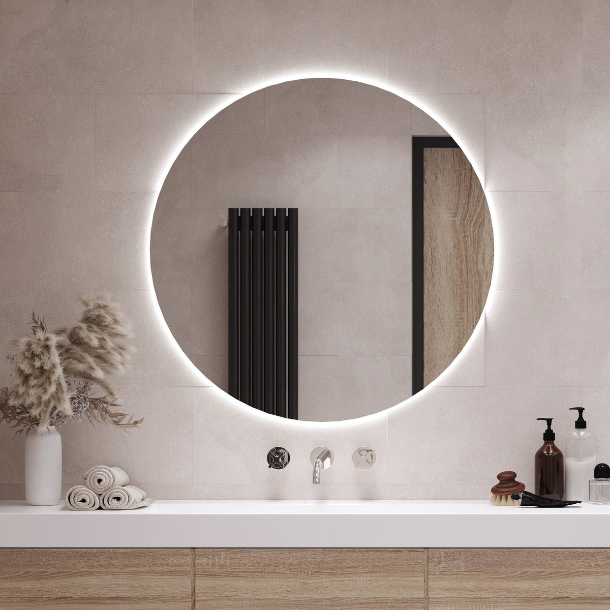 Coloray Spiegel Rund LED - Wandspiegel Rund LED - 100 cm x 100 cm - Große Wandspiegel Rund LED - Runde Wohnzimmerspiegel LED - Koel Licht - Dekorativer Symmetrischer LED Spiegel - Runder Spiegel Modern LED