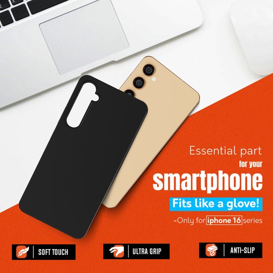 Coque de téléphone noire avec toucher doux, ultra adhérence et propriétés antidérapantes, ajustée comme un gant pour la série iPhone 16.