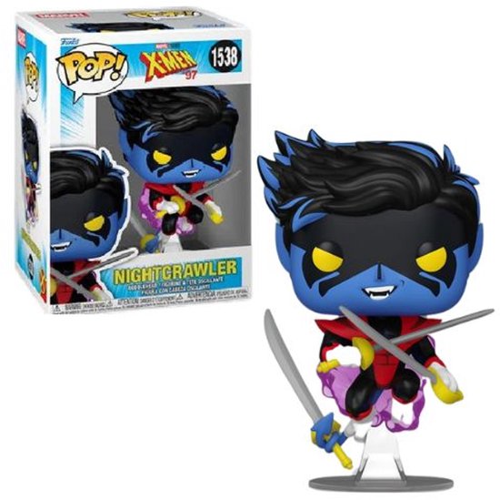 Funko Pop! Nightcrawler met blauwe huid, zwarte masker, gele ogen en twee zwaarden, in gesloten doos.