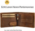 Bruine leren heren portemonnee, open, met RFID Anti Skim en een lus voor extra bescherming.